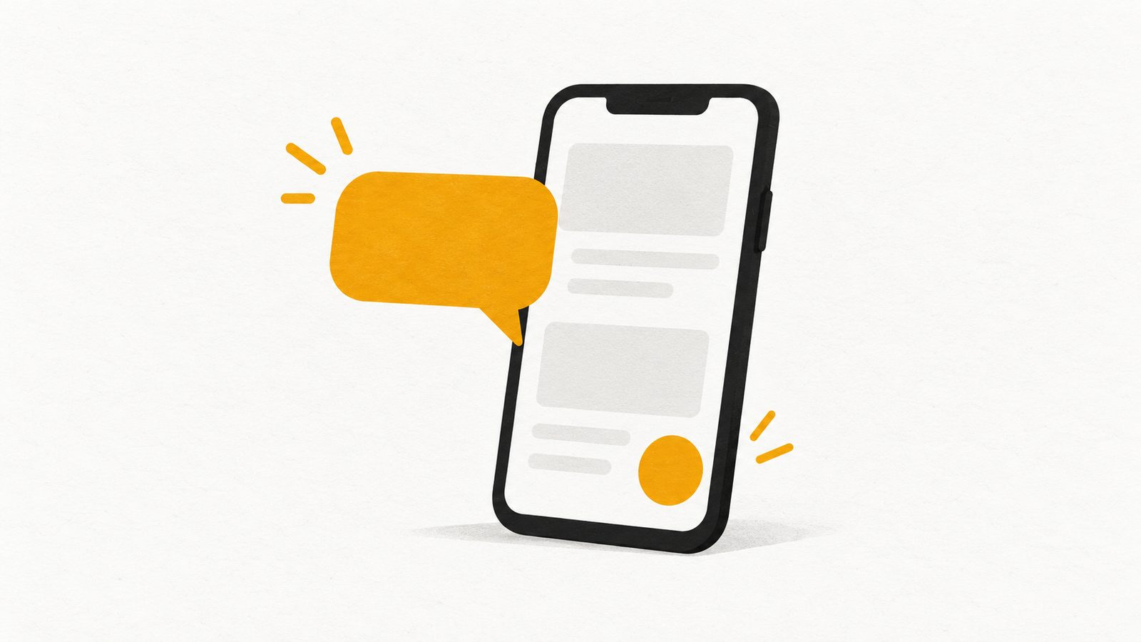 Ilustración editorial minimalista en ámbar y carbón: la pantalla de un teléfono con un botón redondo ámbar en la parte baja y un globo de mensaje que sale de él, sobre fondo papel con mucho espacio libre.