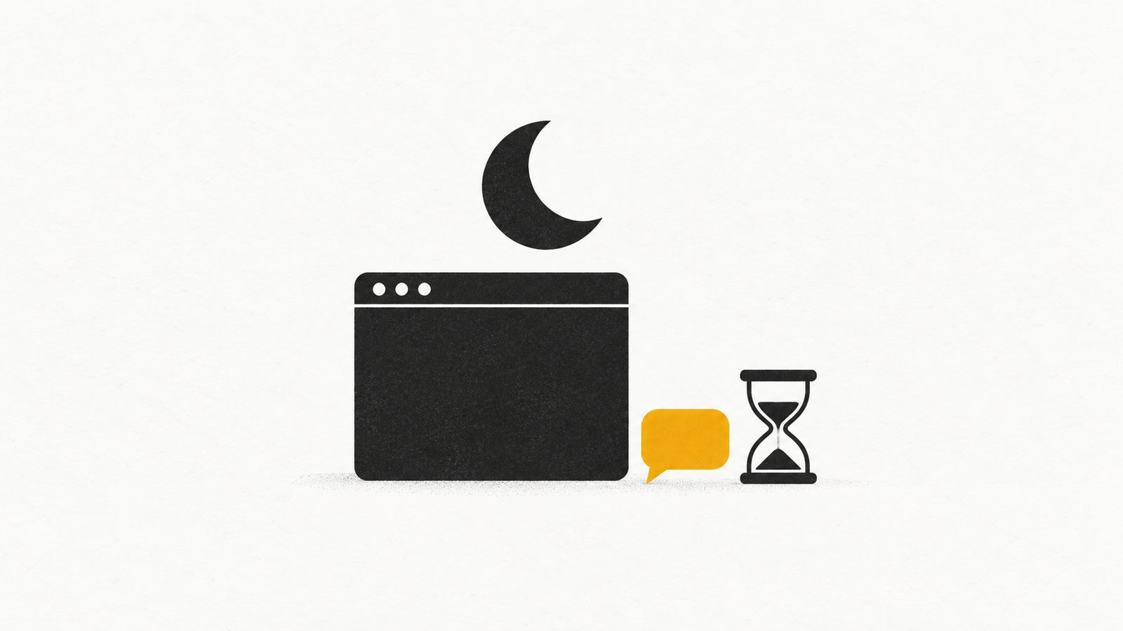 Ilustración editorial minimalista en ámbar y carbón: un teléfono con un mensaje entrante bajo una luna creciente, y a su lado un sol naciente con una palomita de confirmación, sobre fondo claro con mucho aire.