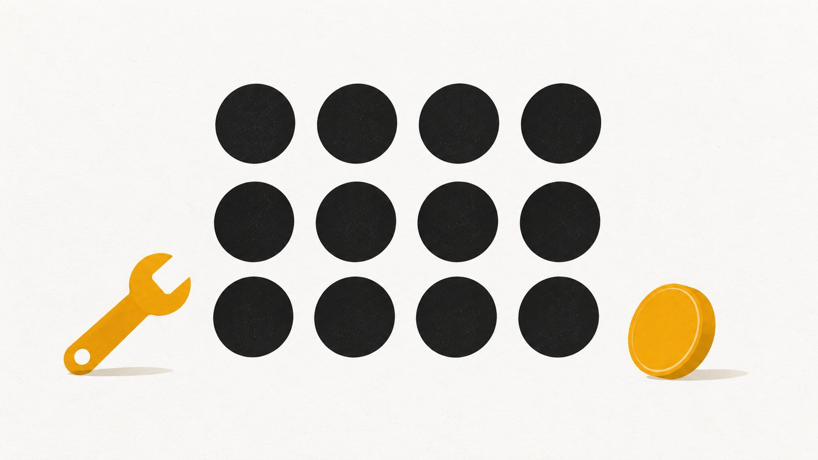 Ilustración editorial minimalista en ámbar y carbón: un calendario anual con cuatro bloques de colores distintos que representan partidas de gasto, y una moneda sencilla al lado, sobre fondo claro con mucho espacio libre.