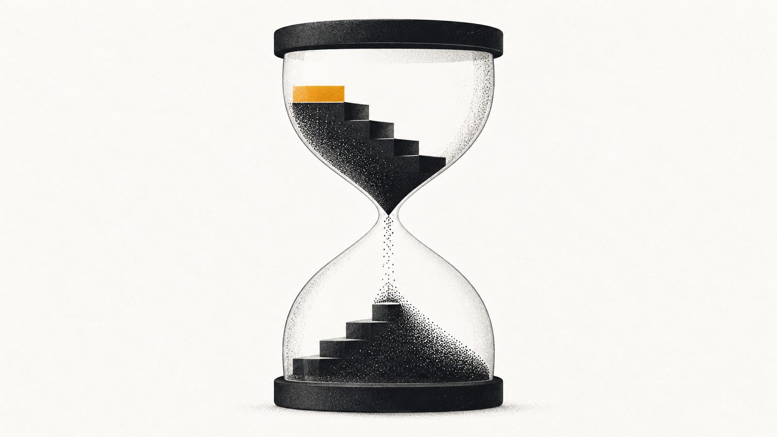 Ilustración editorial minimalista en ámbar y carbón: un reloj de arena junto a una ventana de navegador a medio construir y un calendario con cuatro casillas marcadas, sobre fondo claro con mucho espacio libre.
