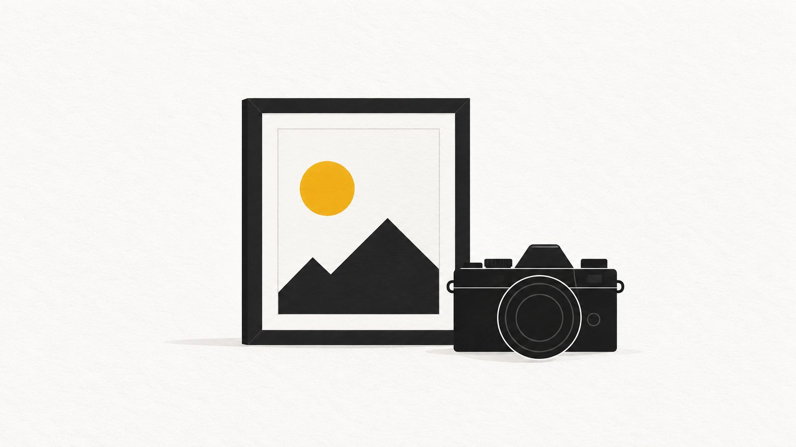 Ilustración editorial minimalista en ámbar y carbón de tres marcos de fotografía de distinto tamaño sobre una pared, uno de ellos con una cámara dibujada, sobre fondo papel con mucho espacio libre.