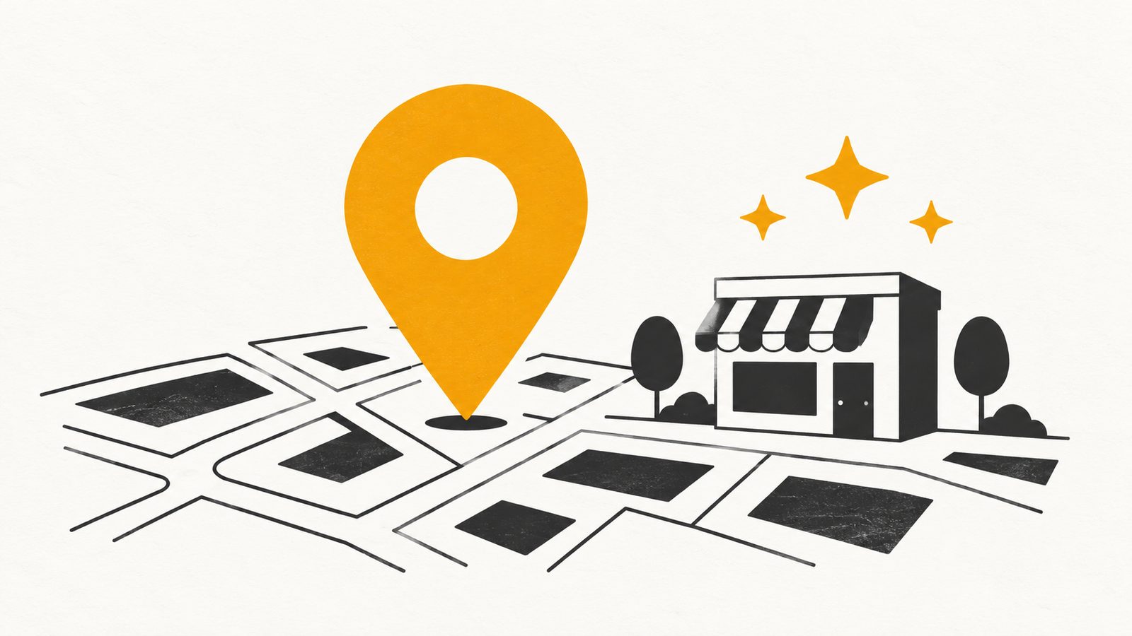 Ilustración editorial minimalista en ámbar y carbón de una tarjeta con un marcador de ubicación y una palomita de verificación, junto a un mapa esquemático de calles, sobre fondo papel con mucho espacio libre.