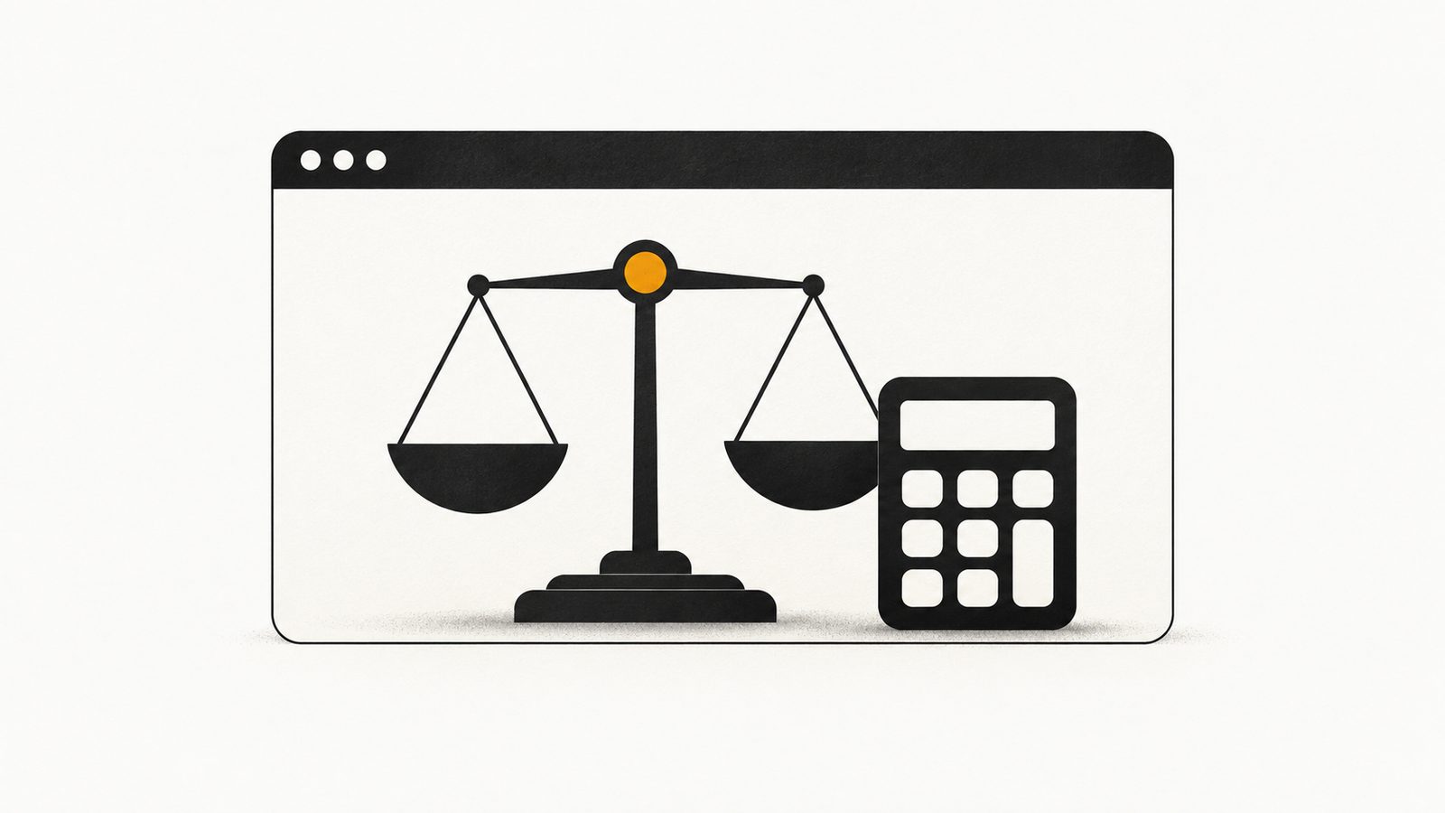 Ilustración editorial minimalista en ámbar y carbón: una balanza sencilla junto a una calculadora y una carpeta con un candado, sobre fondo claro con mucho espacio libre.