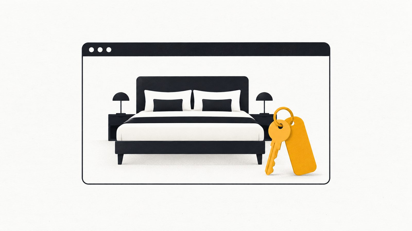 Ilustración editorial minimalista en ámbar y carbón: una llave de habitación con llavero junto a un pin de ubicación y un botón de reservar, sobre fondo claro con mucho espacio libre.