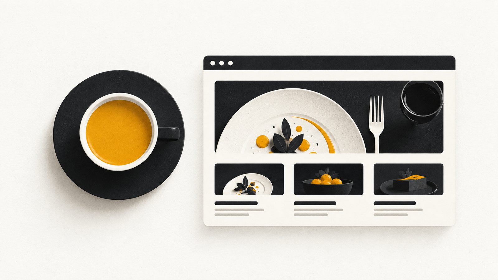 Ilustración editorial minimalista en ámbar y carbón: un plato con cubiertos visto desde arriba junto a una burbuja de chat y un pin de ubicación, sobre fondo claro con mucho espacio libre.