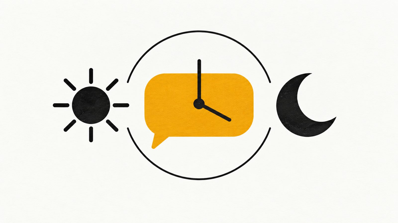 Ilustración editorial minimalista en ámbar y carbón: una burbuja de chat de WhatsApp junto a un reloj y una luna, que sugieren atención a cualquier hora, sobre fondo claro con mucho aire.