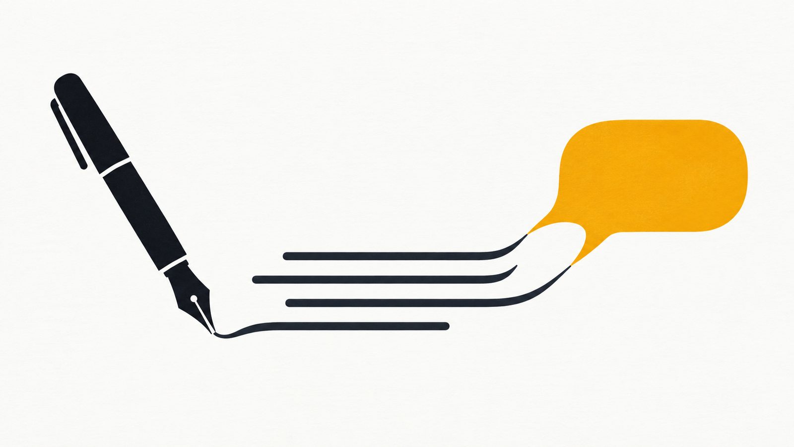 Ilustración editorial minimalista en ámbar y carbón de una hoja con unas pocas líneas de texto resaltadas en ámbar y un botón rectangular al final, junto a un lápiz, sobre fondo papel con mucho espacio libre.