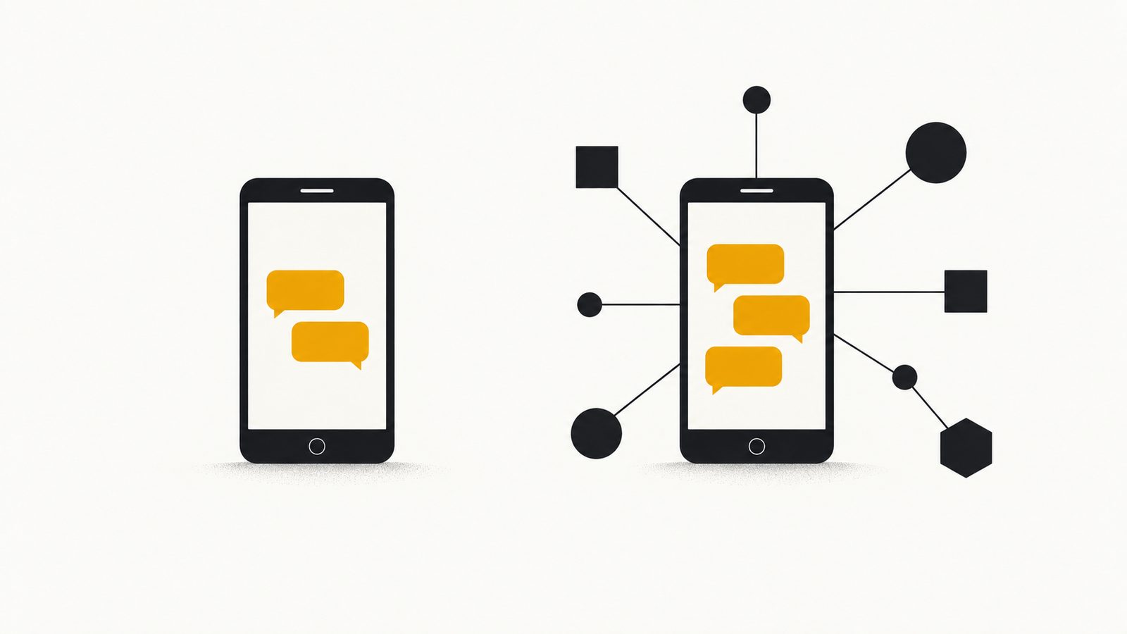 Ilustración editorial minimalista en ámbar y carbón: un teléfono con una burbuja de chat a la izquierda y, a la derecha, dos engranes conectados a un panel de bloques, unidos por una línea fina, sobre fondo claro con mucho aire.